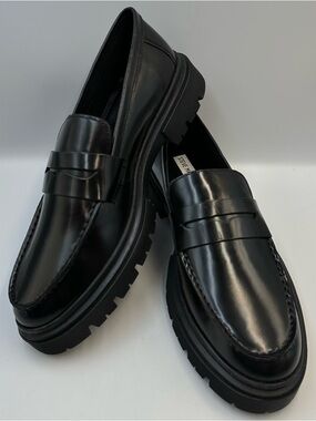 Steve Madden P-Zeb Black Leather Loafer Mens 10.5 Lug Sole Penny Platform